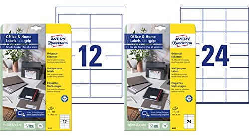 AVERY Zweckform 6123 Adressaufkleber, 10 Blatt, weiß & 6122 Adressaufkleber (240 Klebeetiketten, 70x36 mm auf A4, bedruckbare Absenderetiketten, selbstklebende Adressetiketten) 10 Blatt, weiß