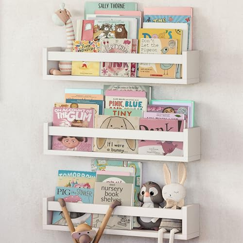NATURE SUPPLIES Set mit 3 weißen Kinderzimmerregalen 58 cm, Massivholz, ideal für Bücher, Spielzeug und Dekoration, Wand-Bücherregal für Kinderzimmer, Kinder-Bücherregal Kinderzimmer