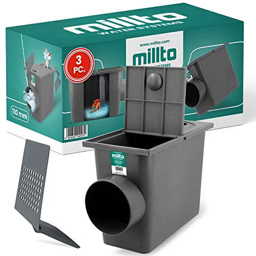 Millto 3X Regensinkkasten mit Sieb 110mm Regenwasserablauf Dachrinnenablauf Hofablauf Entwässerung Abflusstrichter Gully Siphon Gechteckiger Kontrollschacht Rückstauverschluß Geruchsklappe