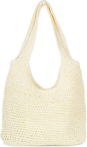 styleBREAKER Damen Papierstroh Beuteltasche mit langen breiten Henkeln, Strandtasche, Schultertasche, Flechttasche 02012397, Farbe:Creme