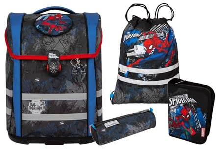 McNeill Spiderman Perfecto SchulranzenSet 5-teilig – Ergonomischer Schulranzen mit gefülltem Federmäppchen, Sportbeutel und mehr im Marvel Design – Reflektierend, mit Brust- & Beckengurt, Grundschule