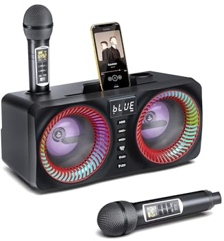 Tisey Macchina Karaoke con Illuminazione Multicolore e 2 Microfoni Wireless UHF, Doppio Altoparlante ad Alta Potenza da 15W, Supporto Scheda TF/USB, Ingresso AUX, Rosso