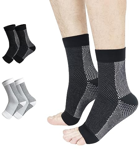 Kseyic 2 Paare Neuropathie Socken, Nano-Neuropathie-Socken, Kompressions socken, Knöchelbandage Socken Fußbandage bei Plantarfasziitis Arthritis Fersensporn Damen Herren(Schwarz und weiß, S-M)