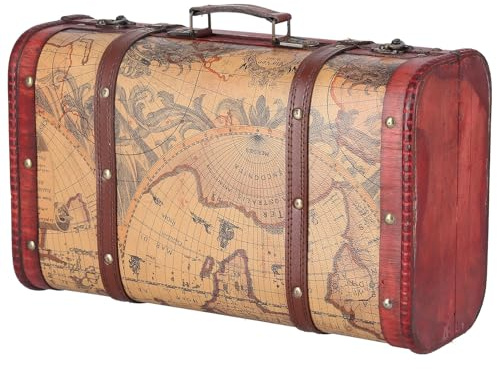 Gavigain Vintage Koffer, ique Holz Koffer Trunk mit Kunstleder Riemen, Portable Composite Holz Karte Muster Design Storage Chest für für Home Decor, Event Requisiten