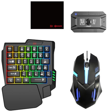 Docooler Portable Mobile Gaming Keyboard and Mouse Converter - BT5.0 Adapter With 25 Keys Single Handed Keyboard, Mobile Phone Holder, Mouse Pad 5 Pieces Set