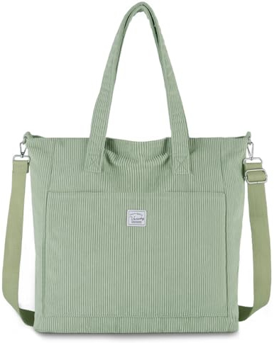 VASCHY Bolso Mujer Universidad, Bolso Grande de Pana Tote Bag Cremallera - Para Ordenador Portátil, Escuela y Trabajo