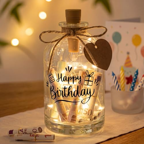 BBTO Geldgeschenke Geburtstag LED Flaschenlicht mit Spruch | Happy Birthday, Flaschenlichterkette, Geldgeschenke Verpackung, Geburtstagsgeschenk für Frauen Weihnachten