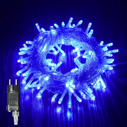 ALLBASA Guirlande Lumineuse 8 Mode 10M 100 LED, Décoration Romantique pour Sapin de Noël Mariage Fête,Guirlande Intérieure (Bleu, Fil Transparent)