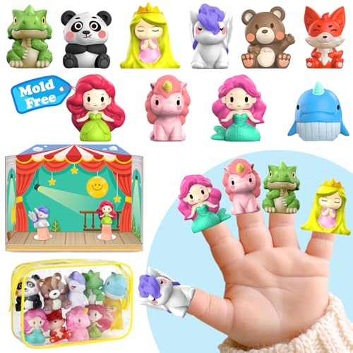 Oriate Fairy Tale Finger Puppets Toddler Toys, Story Time Puppets with Pretend Play Stage, Bath Toys for Toddlers with Storage Bag, Party Favors Easter Basket Stuffers 12m+ 10 Pc