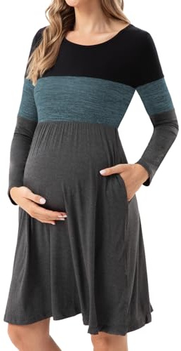 Bearsland Robe de maternité à manches longues pour femme - Patchwork - Robe de grossesse avec poche, Bleu sarcelle indien, M