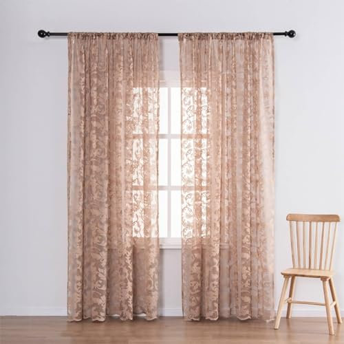 Vorhänge 2er Set mit Stangendurchzug, Gardinen Küche Lichtdurchlässig Jacquard mit Blumen Motiv Modern 107x244CM Gardinenschals Polyester Braun Vorhänge Halbtransparent Wohnzimmer Schlafzimmer