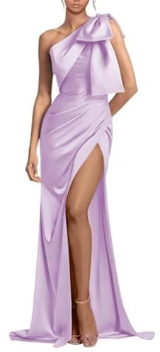 YIANN Robe de soirée longue en satin pour femme avec nœud fendu, robe de bal de fin d'année, de mariage, de bal, lilas, 42