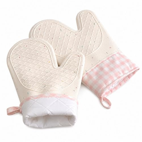Wanheart Silicone Oven Mitts Heat Resistant, Non Slip Baking Mittens with Cotton Lining, Cute Confetti Pink Kitchen Decor for Cooking, 2-Pack