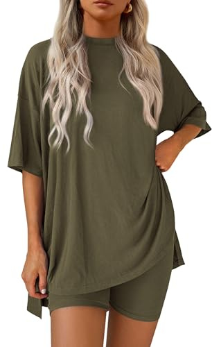 PRETTYGARDEN Women's Two Piece Lounge Set 2025 Summer Casual Oversized Shirts Biker Shorts Matching Airport Travel Outfit (Army Green,Medium)