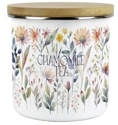 Purely Home Pastel Flowers Chamomile Tea Storage Canister - Pretty Watercolour Floral Homewares Gifts - White Metal Enamel Medium Sized Kitchen Food/Drinks Storage Container