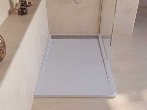 SoulHome Duschwanne Kunstharz 140x90 Weiß Edelstahl-Gitter | Rutschfest C3, extraflach, Mineralguss, Schieferstruktur, antibakteriell, Gel-Coat-Beschichtung, inklusive Ablaufgarnitur