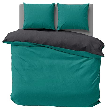 one-home Winter Bettwäsche Doubleface Uni Wende kuschelig flauschig warm weich Fleece, Größe:3 teilig 240x220 cm, Farbe:Petrol/anthrazit