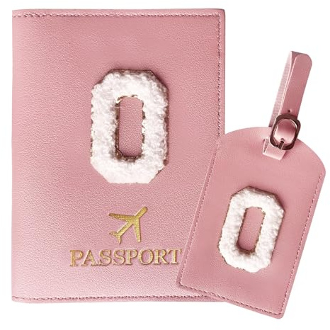 ZVRSUA Funda para pasaporte rosa y etiqueta para equipaje, juego con letra O, funda para pasaporte, gadgets de viaje y funda esencial para pasaporte, regalo para mujeres/adolescentes/niñas/niños (O)