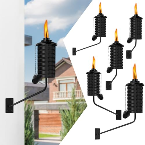 FAN-Torches 6 Pack Black Wall Mounted Citronella Torches,16 Oz Outdoor Metal Torch,Refillable Garden Torches for Yard, Patio, Deck, Garden, Party, Landscape