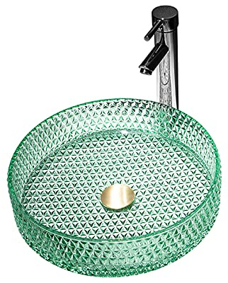Glas-Waschbecken, zylindrisches Badezimmer-Waschbecken, künstlerisches, transparentes Waschbecken, Arbeitsplatte, Waschtisch, Waschbecken mit Messing-Wasserhahn, Pop-Up-Ablauf, Montagering (grün,