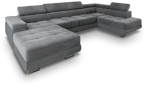 Masseno Ecksofa CASONE R-S mit Schlaffunktion U-Form, Sofa mit Bettkasten, Wohnzimmersofa, Couch, Soffa, Bettsofa, Couchgarnitur- Grau, Monolith 85
