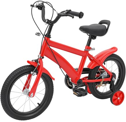 Wisteriariy 14 Zoll Kinderfahrrad Mädchen Jungen Fahrrad mit Stabilisatoren und Glocke, Anfänger Fahrrad Kinderfahrrad mit Doppelbremse höhenverstellbar für Kinder 2-4 Jahre alt (Rot, 14 Zoll)