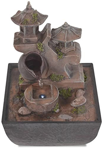 Gecheer Brunnen mit LED, Brunnen, Wasserbrunnen für Gartendekoration, Wasserfontäne Zierbrunnen, Polyresin, 13,5 x 13,5 x 18,5 cm