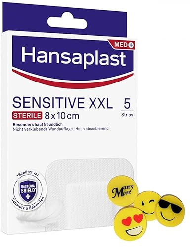 Hansa plast Sensitive XXL - 8 x 10 cm - 5 Pflaster Sensitiv ▓ Wundpflaster sanft Wundverband guter Halt, sanft zu entfernen +gratis ManyMore Radierer
