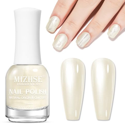 MIZHSE Weiß Nagellack mit Perlmuttglanz, Perlmutt-Weiß Shimmer Nagellack Schnelltrocknend Oil Based, Glitter Nagelack, Ohne UV Lampe Nail Polish Nageldesign DIY zu Hause Salon TPO HEMA Frei 15ML 1PC