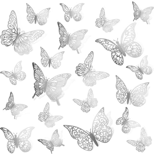 72Pcs 3D Butterfly Wall Decor Stickers, Silver Butterfly Wall Decorations, 4 Styles 3 Sizes Removable Butterflies Stickers Room Decor for Crafts Table Birthday Halloween Wedding Tea Party Decorations