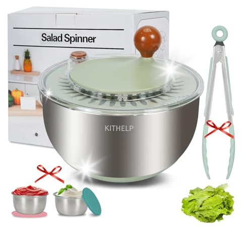 KITHELP Stainless Steel Salad Spinner Large, Vegetables Fruits Wash Bowl with Strainer, Lettuce Spinner Dryer for Efficient Salad Preparation 5.3Qt