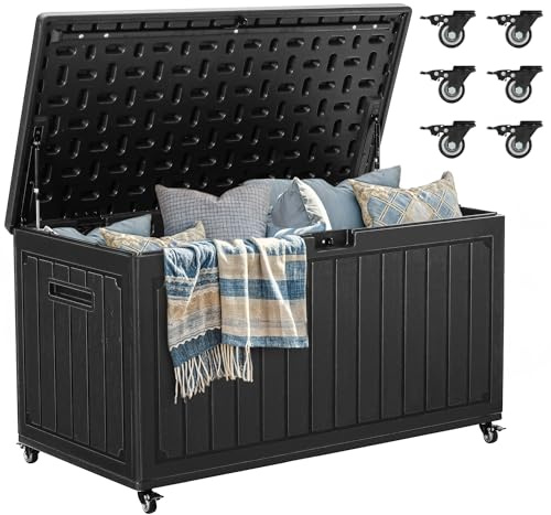 YITAHOME 90 Gallon Outdoor Storage Box with 6 Wheels, Large Double-Wall Resin Deck Box, Lockable Waterproof Outside Storage for Patio Furniture, Cushion, Pool Float, Garden Tool, Black