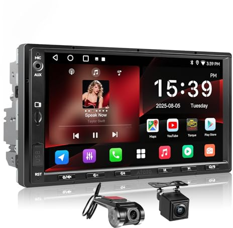 ATOTOZONE A5L 7 2+32GB Android Double Din Car Stereo, LRV Backup Camera&1080P DVR Dash Cam, Wireless CarPlay/Android Auto, WiFi/BT/USB, 24B EQ&DSP, FM/SWC, MirrorLink, AI Chat, GPS Tracking
