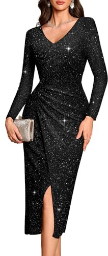 Bbonlinedress Schwarzes Glitzer Kleid Damen elegant Maxilang Langarm Winterkleider festliches Weihnachtskleid mit Pailletten Party Cocktailkleid Black S