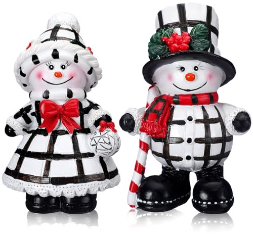 Moucuny 2 Pieces Winter Snowman Figurines Decorations Black and White Resin Snowman Winter Ornaments with Chef Hat Candy Bow Scarf Table Decor for Tabletop Office Shelf Gift Home Kitchen Mantle