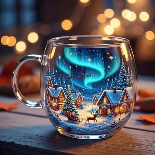 Merry Christmas Glass Mug, Hand Painted Snowflake Glass Mug, Gingerbread House Coffee Cup, Painted Xmas Village Glasses Mugs with Handle for Winter Drinks Coffee Tea Home Office Party Gifts (Blue)