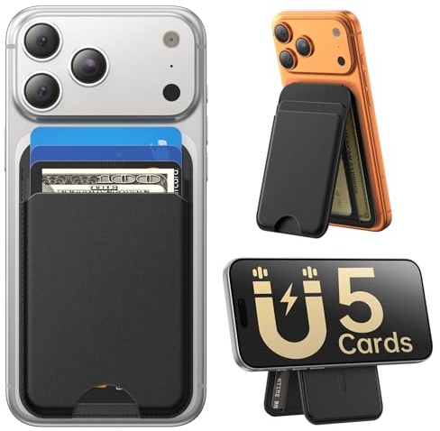 Fanseesy for MagSafe Wallet with Stand, 5 Card Holder, Slim Leather Magnetic Wallet for iPhone 17/16/15/14/13/12 Pro Max Plus Air Series, 3 Card Slots & 1 Cash Slot,Black