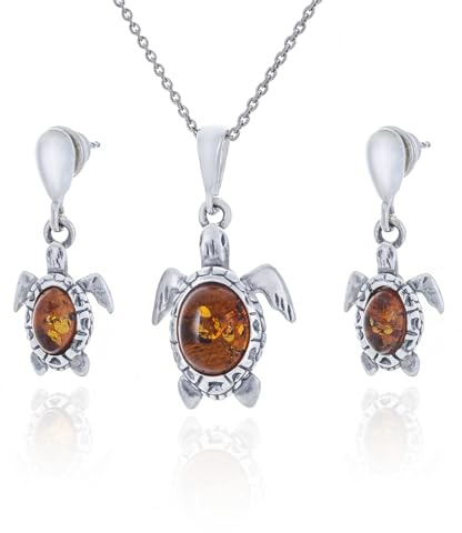 AMBEDORA Litet silversmyckesset havssköldpadda med bärnsten, oxiderat sterlingsilver, baltisk bärnsten i konjakfärg, guldpläterat halsband och örhängen