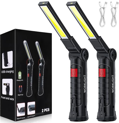 2 Pezzi Torcia Magnetica Ricaricabile, Lampada da Lavoro LED Pieghevole, Torcia Portatile Ricaricabile USB con Gancio, 5 Modalità Lampada per Uso Domestico, Riparazione Auto e Emergenza, Nero