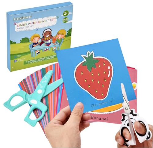 Linkbro Bastelset Kinder, 2 Sicherheits Kinderschere + 48 Blatt Papiere, Bastelschere Kinder ab 2/3 Jahre, PVC/Edelstahl, Runde Köpfe, Lernspielzeug