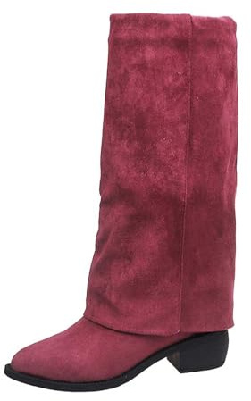 Generisch Bottes pour femme Fold Over Shark Boots au-dessus du genou avec talon bloc Bottes mi-saison Dressy Bottes rétro Slouchy Boots bout plat Talon plateforme longue, rouge, 39 EU
