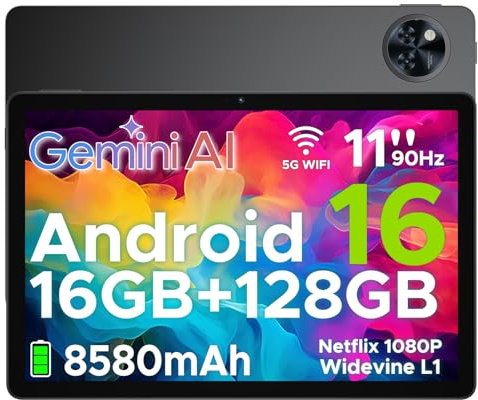 DOOGEE U11 Tablet Android 16, Tablet 11 Pollici, Gemini AI, 16GB RAM + 128GB ROM/2TB TF, 8580Amh, 7.9mm Thin, T7200 Octa-core, 90Hz 13MP, Support Face Unlock/GPS Nero
