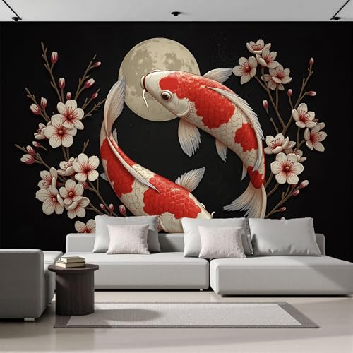 Carta Da Parati Panoramica Pesci Koi Fiori Di Ciliegio Luna 350x256cm, Murale in Seta Stile Artistico Tradizionale Giapponese, Rosso Poster Murale Giganti Decor Da Muro per Soggiorno Camera Da Letto