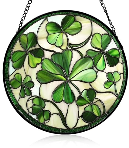 Buntglas Sonnenfänger Fenster, Glücksbringer Vierblättriges Kleeblatt, Glas Fensterdeko Hängend, Suncatcher für Wohnzimmer, Balkon Deko, Gartendeko, Fensterschmuck Hängend Geschenke, 20x20cm