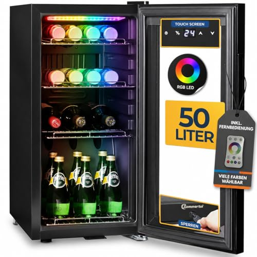 Sommertal GK50 Getränkekühlschrank 50L | RGB LED, Glastür, Touchscreen | Leiser Flaschenkühlschrank Schwarz mit Schloss, klein & kompakt, für Getränke, Bier, Wein, Softdrinks & energiesparend