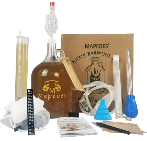 Kit de brassage maison 3,8 L pour bière, vin, hydromel et cidre – Fermenteur en verre, hydromètre, bouchon n°5, barboteur, siphon, entonnoir, bande thermométrique – Débutants