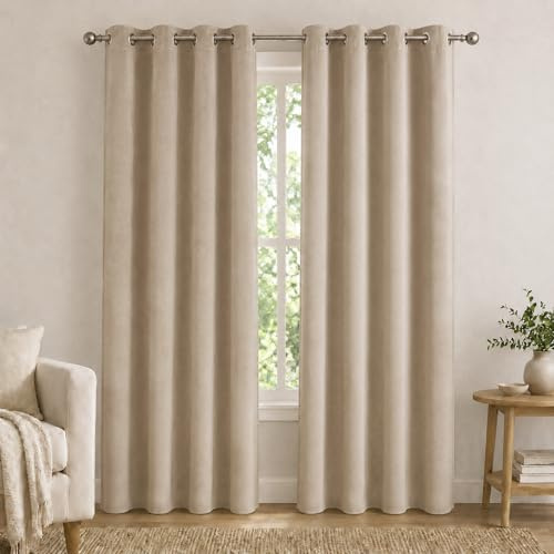 VKZ Tende Oscuranti Effetto Velluto con Occhielli, Set da 2 Pannelli 140 x 290 cm, Tende Termiche Isolanti per Interni Camera da Letto Soggiorno,Beige