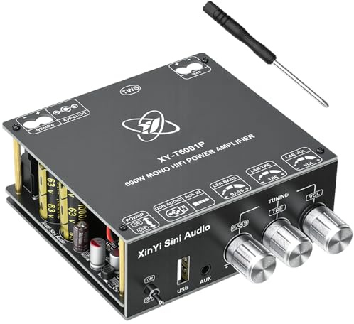 Fastsaw Módulo Amplificador Audio Mini Bluetooth 5.0, Amplificador HiFi Digital Mono Amplificador Clase D Subwoofer 600W con TI TDA3255 y TWS, AAC/SBC, DC 19-51V/10A, BT 5.0/USB/AUX