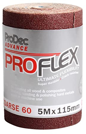 ProDec Advance Rollo de 5m de 60 Granos Gruesos ProFlex Papel de lija de óxido de aluminio ultra flexible resistente a las grietas para lijar madera, pintura, yeso, masilla, metal y más