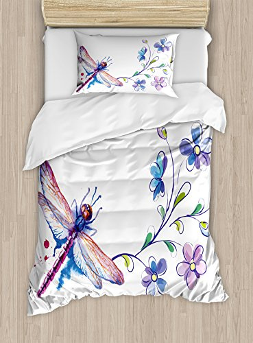 Ambesonne Dragonfly Duvet Cover Set, Watercolor Bug Butterfly Like Moth Branch Ivy Flowers Lilies Art, Decorative 2 Piece Bedding Set with 1 Pillow Sham, Twin Size, Green Purple and Blue